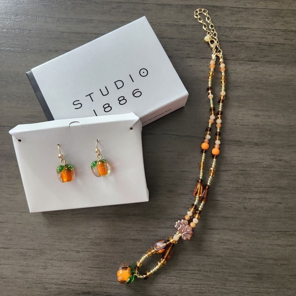 Studio 1886 Pumpkin Patch Necklace And Earring Set Glass Beaded Pendent Goltone